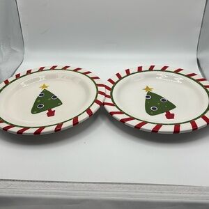 Set of 2 Ironstone hand painted Pier 1 Christmas Tree luncheon plates